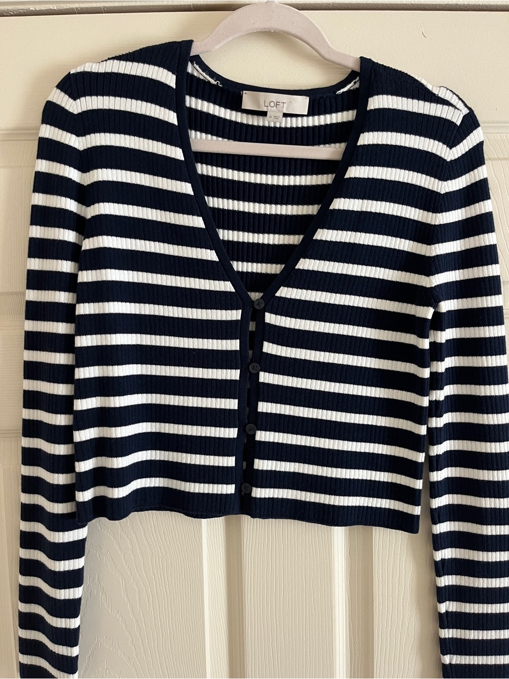LOFT Navy & White Striped Ribbed Button Cardigan